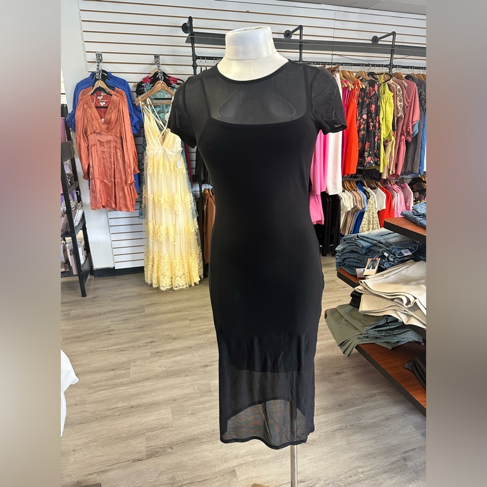 Black Sheer Mesh Fitted Stretch Panel  Midi Dress